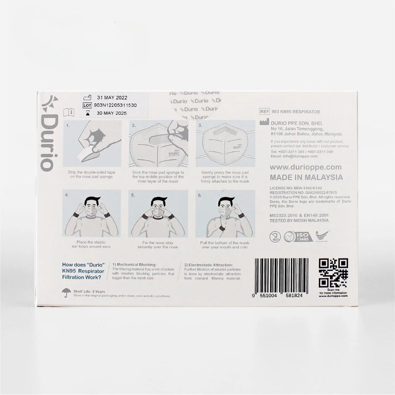 Durio 903 KN95 口罩 - 可拆卸鼻垫 - （10 个装）