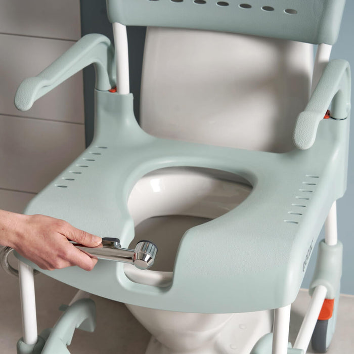 Shower Commode Chair Lagoon Green with Front-opened Seat | Etac Clean