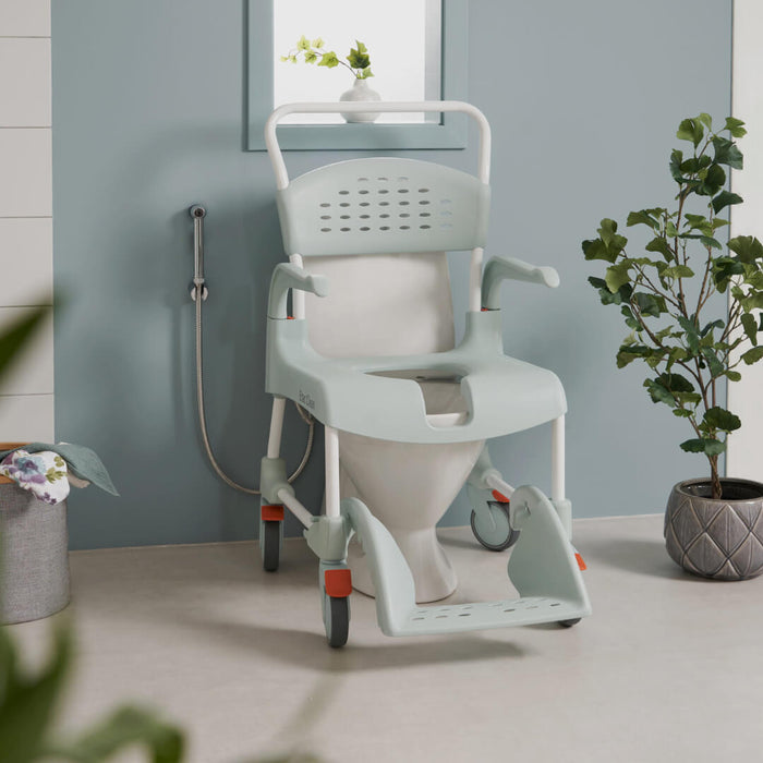 Shower Commode Chair Lagoon Green with Front-opened Seat | Etac Clean