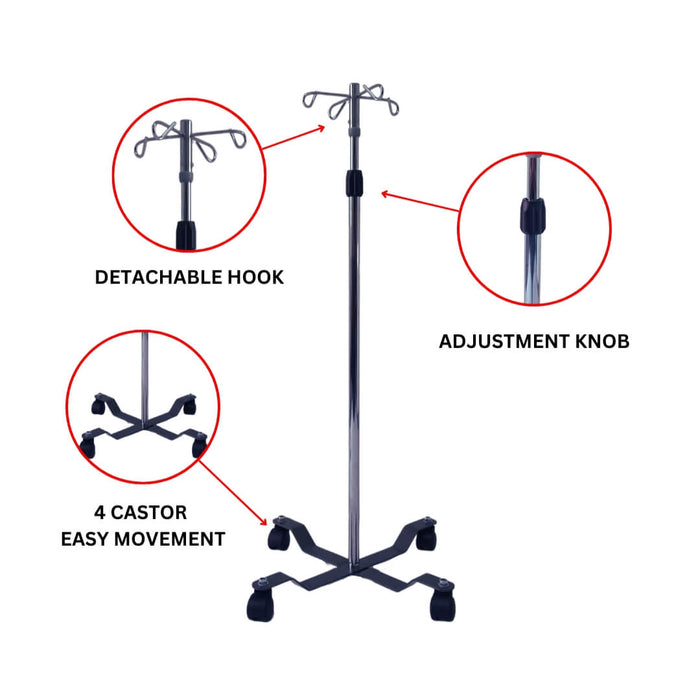 Adjustable height Mobile IV drip stand with 4 hooks
