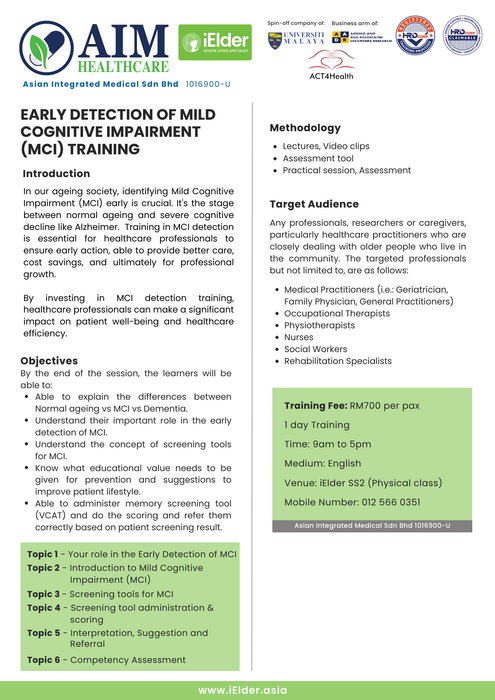 [HRD Corp Claimable] ACT4Health Early Detection of Mild Cognitive Impairment (MCI) training among Pharmacists