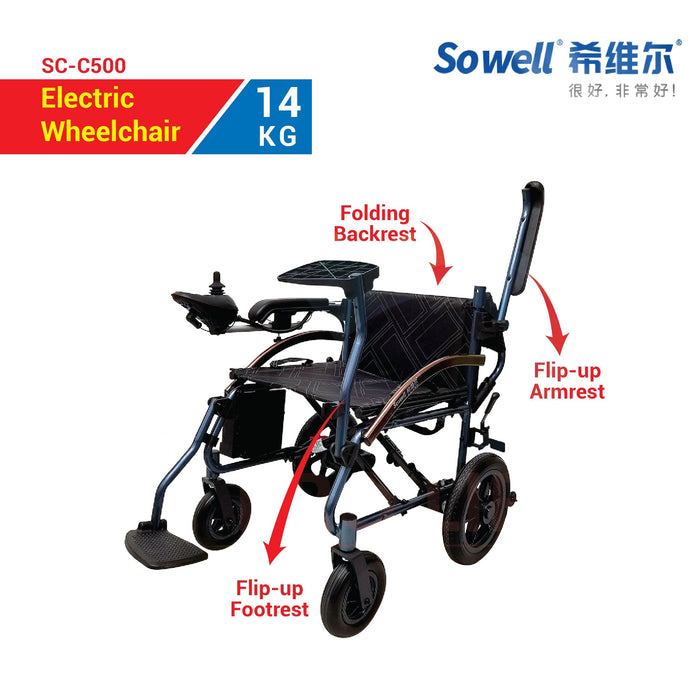 Ultra Lightweight Travel Electric Wheelchair (SC-C500) with Nursing Rear Controller & User Joystick Controller | SOWELL