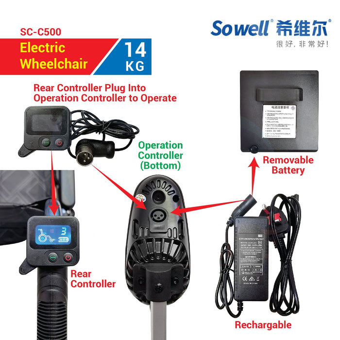 Ultra Lightweight Travel Electric Wheelchair (SC-C500) with Nursing Rear Controller & User Joystick Controller | SOWELL