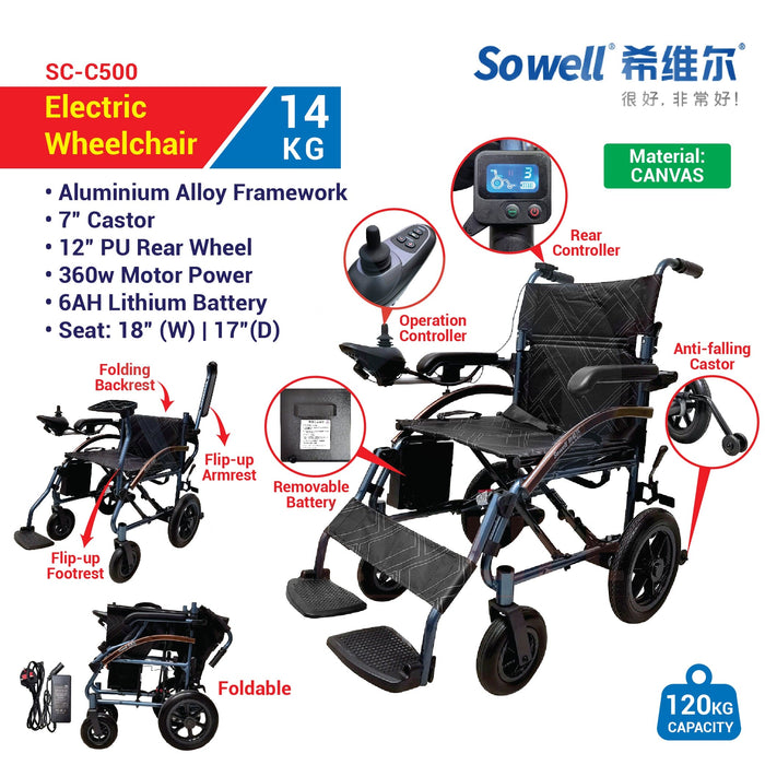 Ultra Lightweight Travel Electric Wheelchair (SC-C500) with Nursing Rear Controller & User Joystick Controller | SOWELL