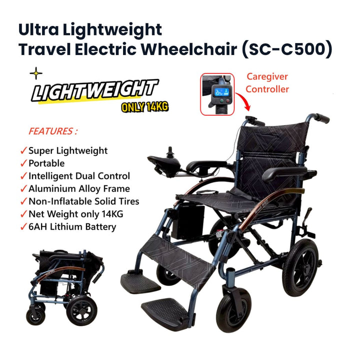 Ultra Lightweight Travel Electric Wheelchair (SC-C500) with Nursing Rear Controller & User Joystick Controller | SOWELL