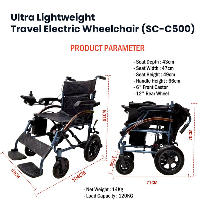 Ultra Lightweight Travel Electric Wheelchair (SC-C500) with Nursing Rear Controller & User Joystick Controller | SOWELL