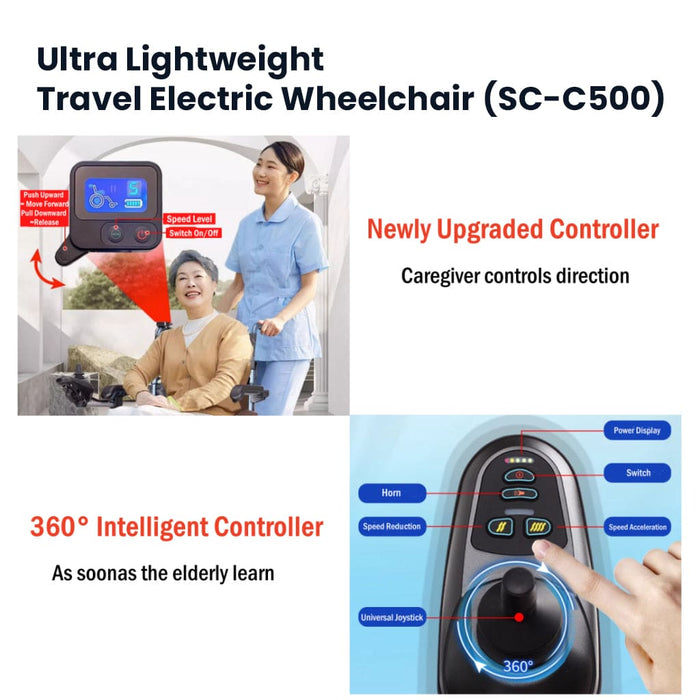 Ultra Lightweight Travel Electric Wheelchair (SC-C500) with Nursing Rear Controller & User Joystick Controller | SOWELL