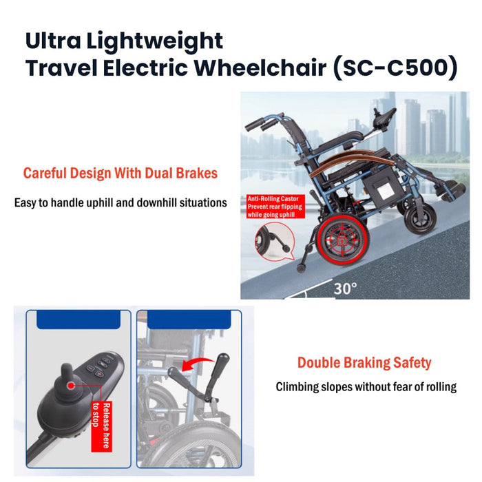 Ultra Lightweight Travel Electric Wheelchair (SC-C500) with Nursing Rear Controller & User Joystick Controller | SOWELL