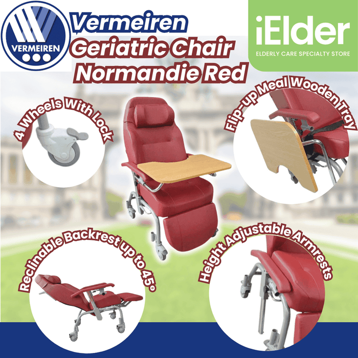 Relax Geriatric Chair with Wheels with tray | Vermeiren Normandie Red