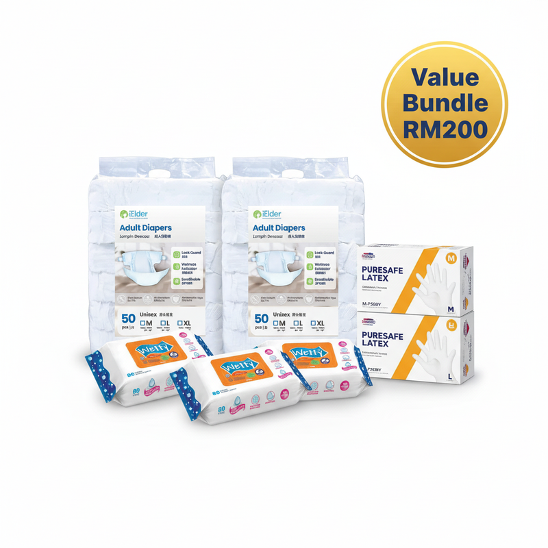 Incontinence Care Bundle - 2 Diapers, 2 Gloves, 3 Wipes