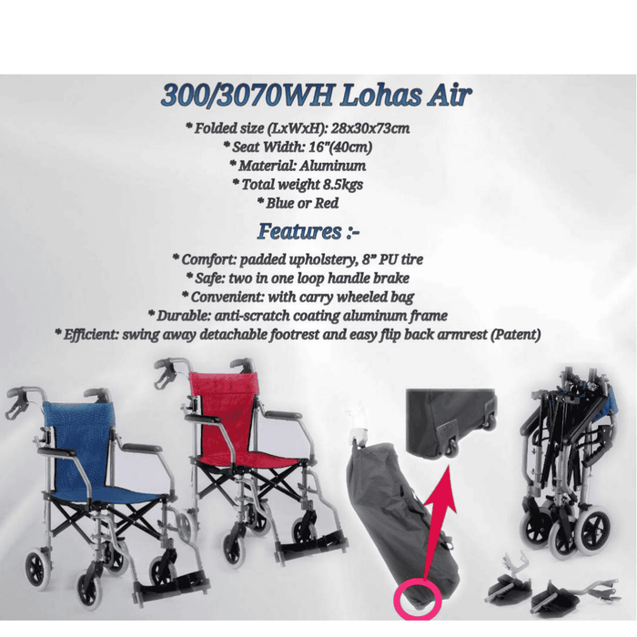 Lohas Wheelchair Blue Air Compact Lightweight Travel  w/ Bag 8.5kg (16") - Asian Integrated Medical Sdn Bhd (ielder.asia)